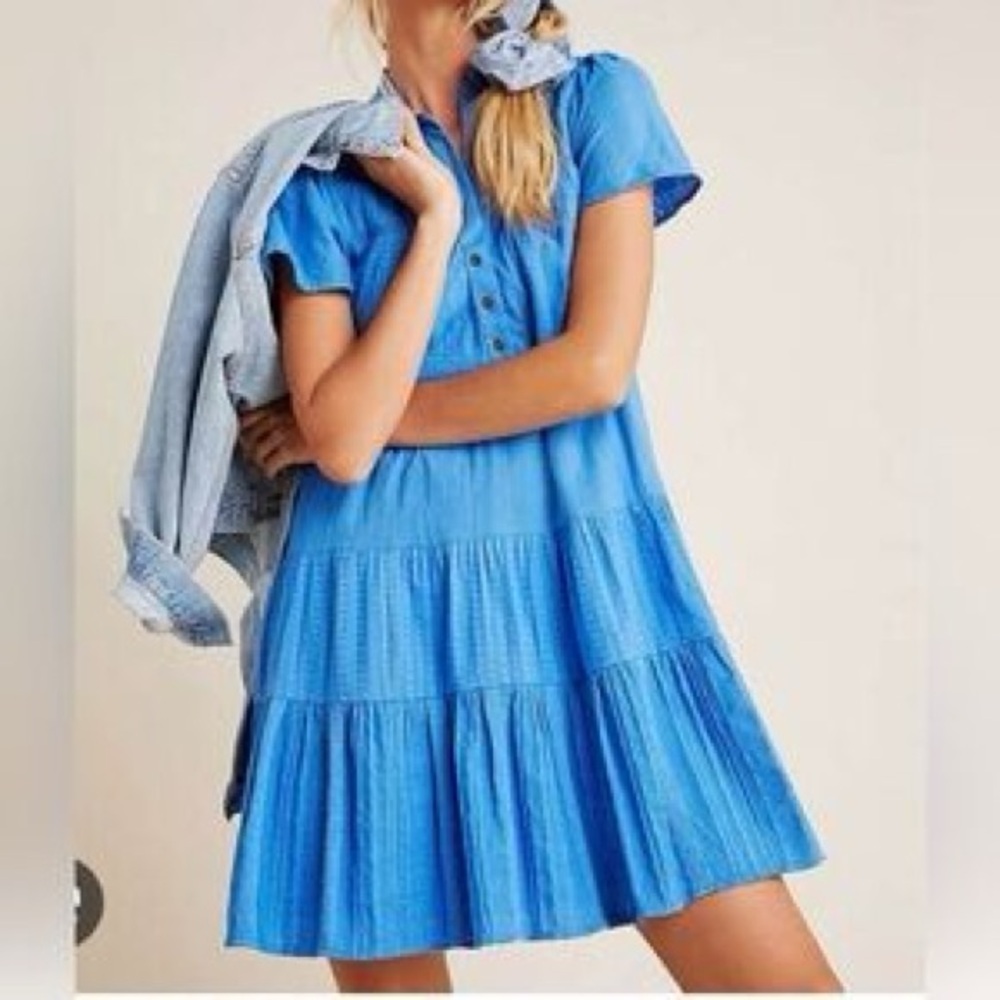 Anthropologie Blue Tiered Button-Front Mini Dress